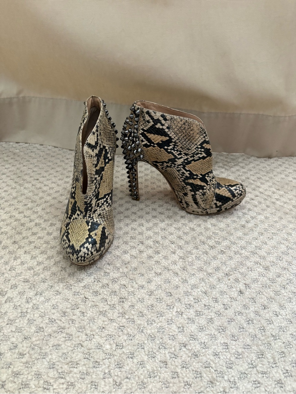BCBGMaxAzria Snake-Print Leather Studded Stiletto Booties - Tan/Black